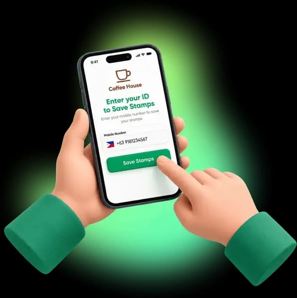 Hands holding a phone on the Coffee House Enter your ID to Save Stamps screen with a mobile number field